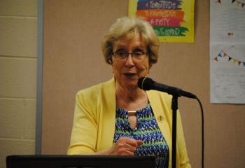 Sister Janice Marie Johnson, coordinator of the Office for Ministry with Persons with Disabilities, welcomes parish advocates to the conference April 9. (Photo by Tara Connolly)