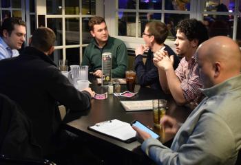 Young men gathered for the event are, clockwise from front left, Andrew Ivankovits, John Pellosie, Peter Carley, Andrew Kuchera, John Paul Pepen and Brett Kita.